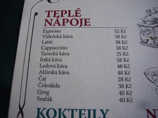 Nabídka kávových nápojů v hospodě U Šimla